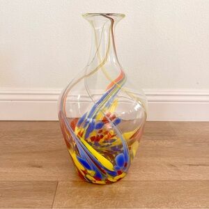 UNIQUE MID CENTURY ART GLASS MARBLE GOLD GLITTER SWIRLS LARGE VASE 15.5” VINTAGE